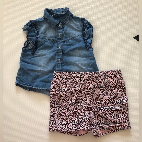 Joe’s Jeans|Baby girl two piece outfit,Leopard pink denim shorts & chambray top• - Picture 1 of 6